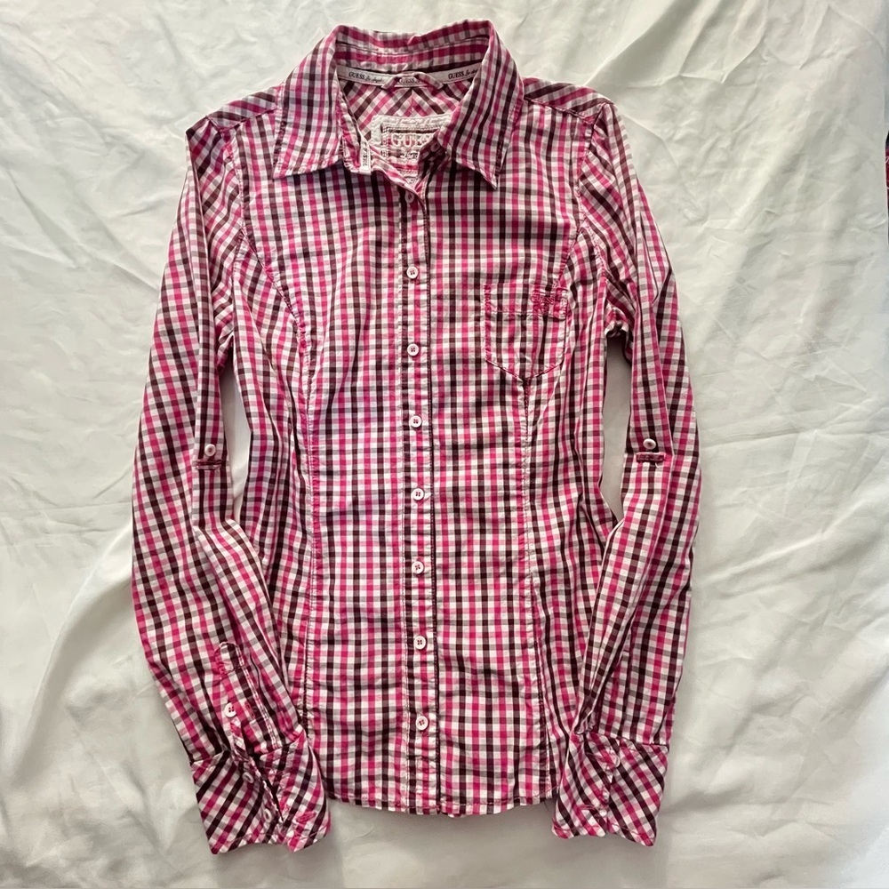 Y2K GUESS Gingham Plaid Fitted Button Up Shirt Pink S